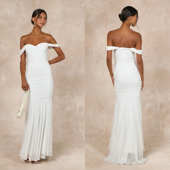 Lulus Divinely Romantic White Mesh Off-the-Shoulder Mermaid Maxi Dress Wedding - Picture 1 of 9